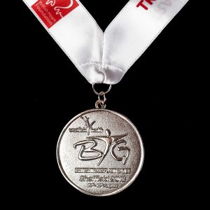 British Transplant Games 2013 sports medal - 50mm silver frosted polished sports medal with white printed ribbon - Medals UK