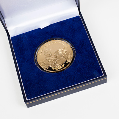 Wedding Commemorative Coin - 38mm gold minted commemorative coin with a blue presentation case - by Medals UK