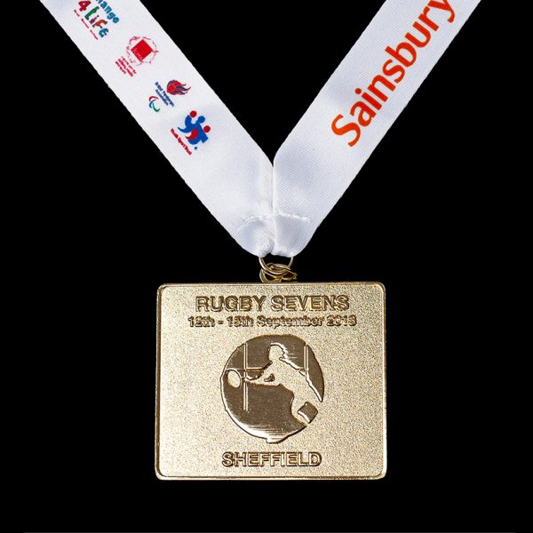 Sainsburys School Games 2013 Finals 50mm Bronze Frosted Polished Rectangle Sports Medal for Badminton with a white ribbon and coloured printed text and logos