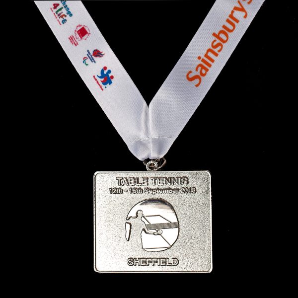 Sainsbury's School Games 2013 Finals 50mm Gold Frosted/Polished Rectangle Sports Medal for Rugby Sevens with a white ribbon with coloured printed text and logos