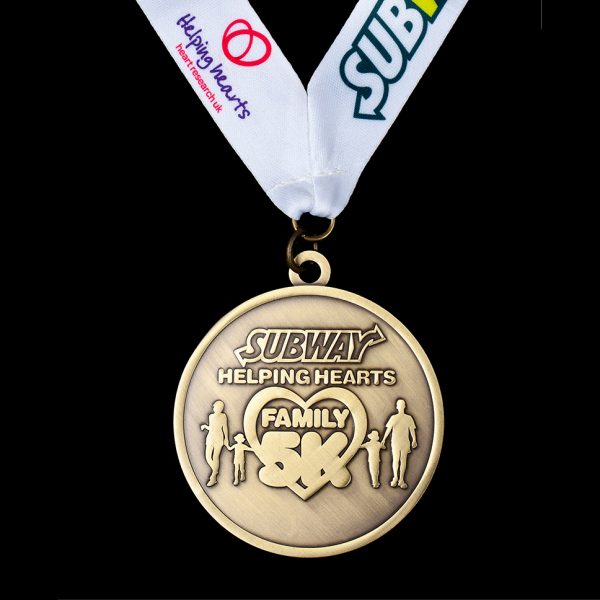 Subway Family 5K Fun Run Sports Medal - 50mm antique bespoke sports medals with printed ribbon