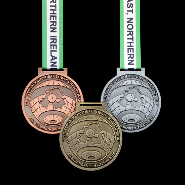 75mm Gold Silver and Bronze Antique Smooth International Deaf Bowls Championship Sports Medals