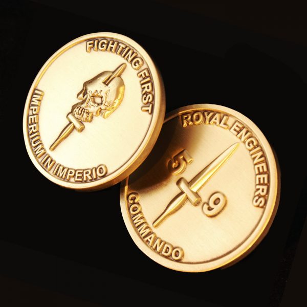 Close up of reverse and obverse of 38mm Gold Antique Smooth Commemorative Coin Fighting First for 59 Independent Commando Squadron Royal Engineers