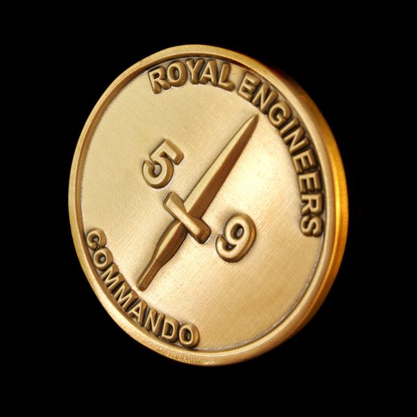 Close up of 38mm Gold Antique Smooth Commemorative Coin Fighting First for 59 Independent Commando Squadron Royal Engineers 2