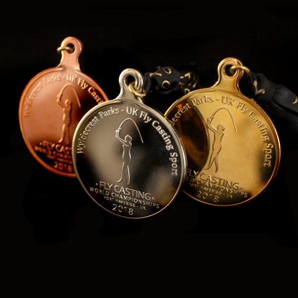 Close up of Gold Silver and Bronze Fly Casting World Championships 2018 Sports Pendant