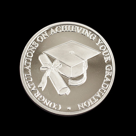 Graduation coin - custom made 38mm silver minted cap & scroll commemorative awards coin by Medals UK