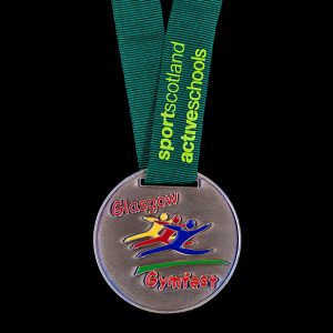 Glasgow Gymfest sports medal ‰ЫТ Custom made Scottish gymnastics 60mm gold antique finished medal with printed green ribbon